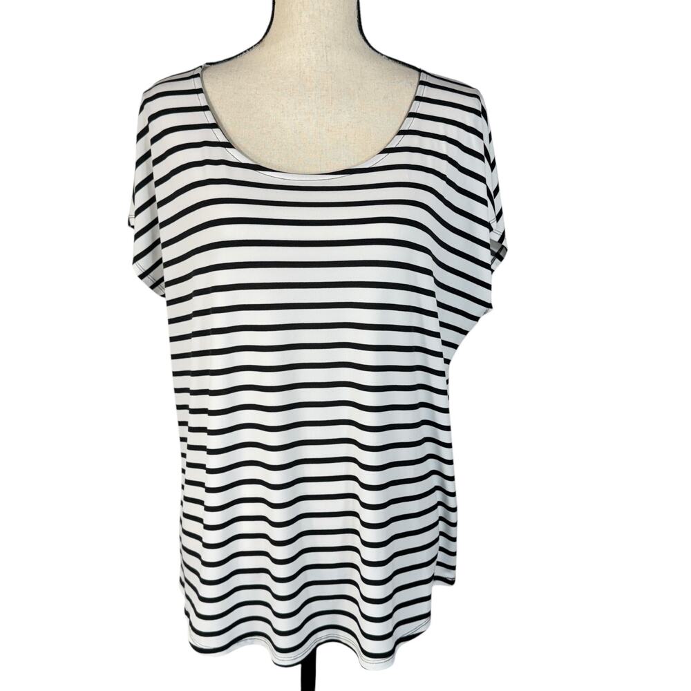Chico’s SZ 3 (X-Large) Top Striped Stretch Dolman Sleeves Scoop Neck White Black